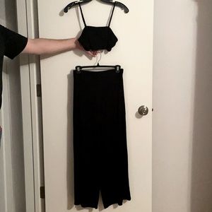 Free People Beach Ribbed Black Rayon 2 Piece Set High Waisted Pant and Bralette